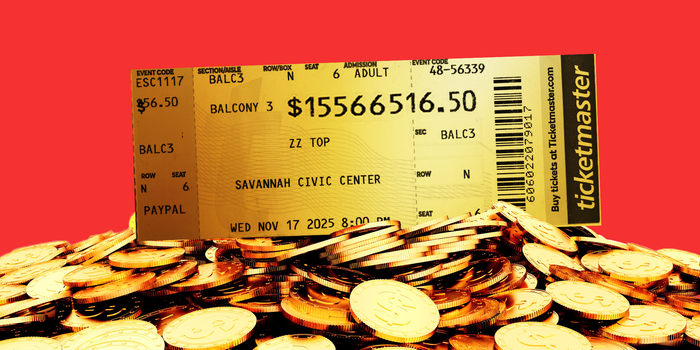 Hands holding cash, a magnifying glass and yellow concert tickets — visual metaphor for comparing presale vs public on-sale prices